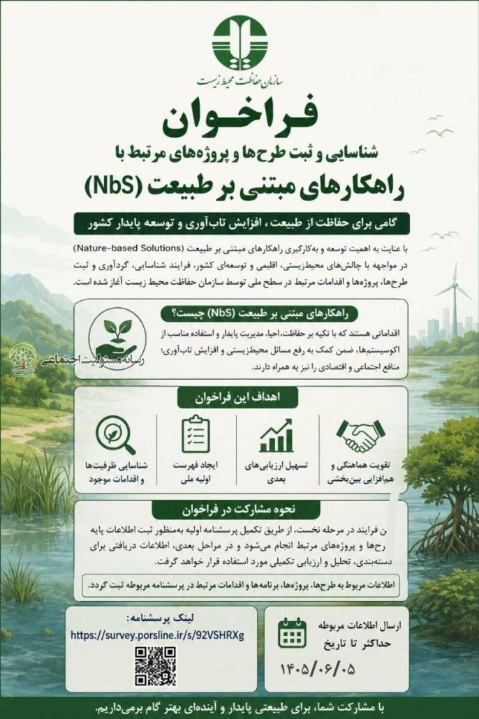 فراخوان ملی شناسایی و ثبت طرحها و پروژههای مرتبط با راهکارهای مبتنی بر طبیعت (NbS) نخستین فهرست ملی راهکارهای مبتنی بر طبیعت (Nature-based Solutions)